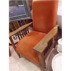 ANTIQUE OAK UPHOLSTERED MORRIS CHAIR ON CASTERS