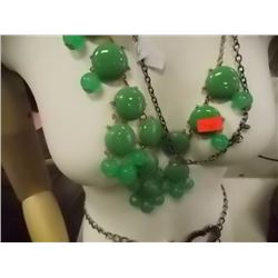 NECKLACE - LARGE GREEN JADE LIKE BEADS AND GOLDEN LINK CHAIN - PLUS NECKLACE WITH WHITE BEEDS = 2 TT