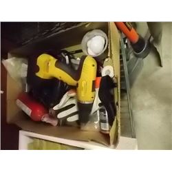 BOX OF MISC TOOLS - PICK, JIGSAW AND MORE
