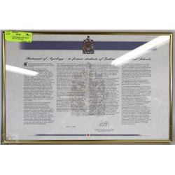 FRAMED HISTORICAL DOCUMENT- STATEMENT OF APOLOGY