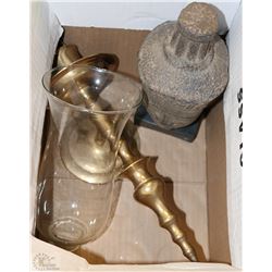 BOX WITH BRASS AND GLASS CANDLE WALL HANGING,