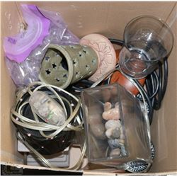 BOX WITH MISC CANDLE WAX WARMERS, DECORATIVE GEMS