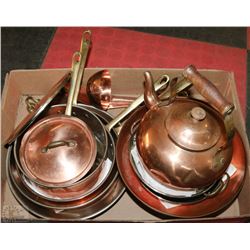 SET OF COOPER POTS, FRYING PANS & UTENSILS