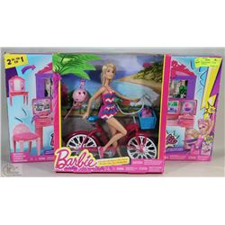 3 NEW IN BOX BARBIES - 1 GLAM BIKE & 2 VANITY