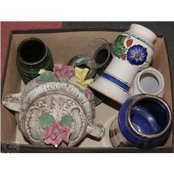 BOX WITH ASSORTED VASES INCL BOWL WITH LID MADE