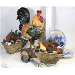 BOX OF ROOSTER ORNAMENTS AND COLLECTIBLES