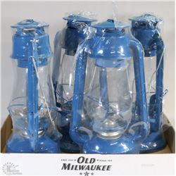 FLAT WITH 4 NEW BLUE OIL CAMPING LANTERNS