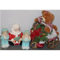 CHRISTMAS BEAR ON A WICKER TRICYCLE WITH SANTA