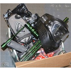 BOX OF PAINTBALL EQUIPMENT INC GUN,BALLS,FEEDER &