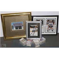 BOX WITH 3 FRAMED HOCKEY CARDS AND ASSORTED CARDS