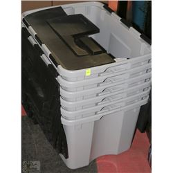STACK OF 6 PLASTIC STORAGE TOTES