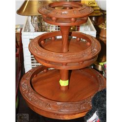 VINTAGE 19" HAND CARVED WOODEN 3-TIER LAZY SUSAN