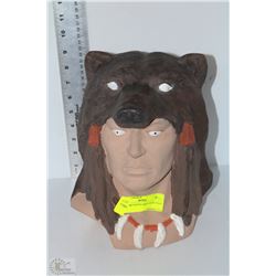 CERAMIC NATIVE WOLF HEADDRESS BUST