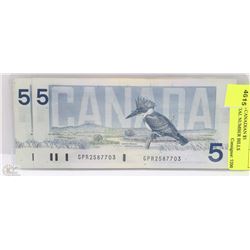 TWO 1986 CANADIAN $5 SEQUENTIAL NUMBER BILLS