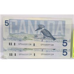 TWO 1986 CANADIAN $5 SEQUENTIAL NUMBER BILLS