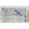Image 1 : TWO 1986 CANADIAN $5 SEQUENTIAL NUMBER BILLS