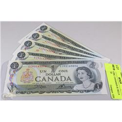 1973 UNCIRC. CANADIAN $1 BILLS SEQ #'S X5