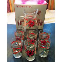POINSETTIA DECORATED GLASS JUG & 6 GLASSES