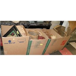 FOUR LARGE BOXES OF WICKER BASKETS, BROOMS, BUNNY