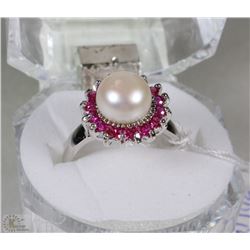 #10-AKOYA PEARL ,RUBY .925 SOLID SILVER RING