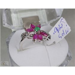 #6-NATURAL RUBY,EMERALD & CZ .925 SOLID SILVER RI
