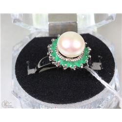 #13-AKOYA PEARL, EMERALD.925 SOLID SILVER RING