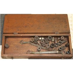 WOODEN TOOL BOX WITH VINTAGE SOCKETS