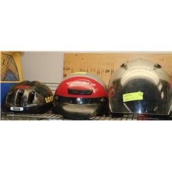 TWO MOTORCYCLE HELMETS AND KIDS BICYCLE HELMET