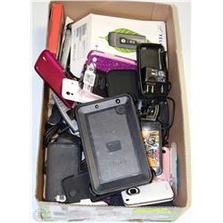 BOX OF PHONES, CORDS & CASES