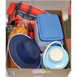 BOX WITH MISC CAMPING ITEMS INCL COOLER, LARGE DOG