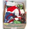 Image 1 : BOX W/CHRISTMAS ITEMS INCL. 3 STOCKINGS,