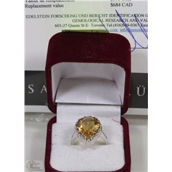 STAMPED .925 SILVER NATURAL CITRINE RING WITH COA