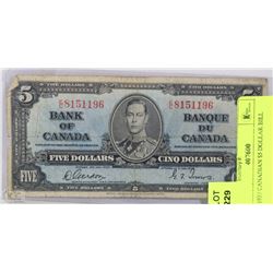 1937 CANADIAN $5 DOLLAR BILL