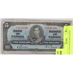 1937 CANADIAN $5 DOLLAR BILL