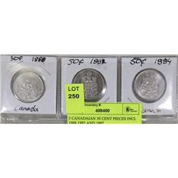 3 CANADIAN 50 CENT PIECES INCL 1988,1992 AND 1997