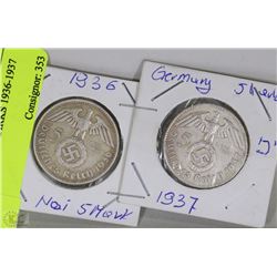 2 GERMAN NAZI 5 MARKS 1936-1937 COINS