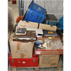 PALLET OF ESTATE MISC. INCL TOOL BOX, MICROWAVE,