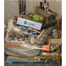 PALLET OF ASST SHOP TOOLS, HOUSEHOLD MISC ETC.