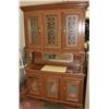 Image 1 : TWO PIECE OAK STYLE HUTCH WITH DECORATIVE GLASS