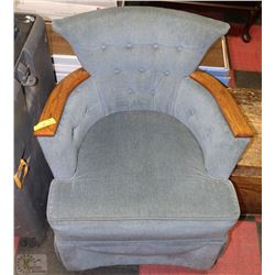 BLUE FABRIC WITH OAK TRIM ARMCHAIR