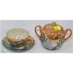 HANDPAINTED CUP, SAUCER AND SUGAR SERVER