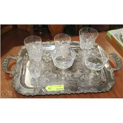 ESTATE SILVERPLATED TRAY WITH CRYSTAL GLASSES