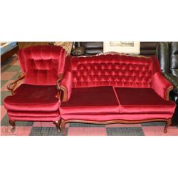 1970'S MAPLE TRIM RED FABRIC LOVESEAT AND CHAIR