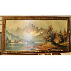LARGE VINTAGE FRAMED MOUNTAIN SCENE PICTURE