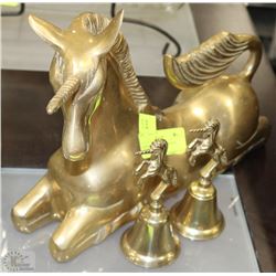 LARGE BRASS UNICORN WITH 2 SMALL UNICORN BELLS