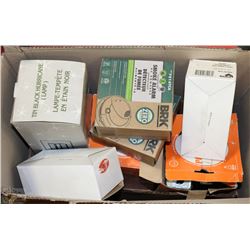 BOX WITH 2 NEW SMOKE ALARMS, 2 NEW LOCKS, LIGHT