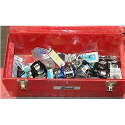 BEACH TOOL BOX WITH NEW LURES AND 3 DIAWA REELS