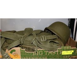 MILITARY BACK PACK AND ARMY HELMET
