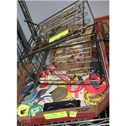 FLAT OF COLLECTIBLE PINS,KEYCHAINS/MAGAZINE RACK