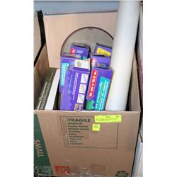 BOX OF MISC ART SUPPLIES INC PAPER, ROLLS AND